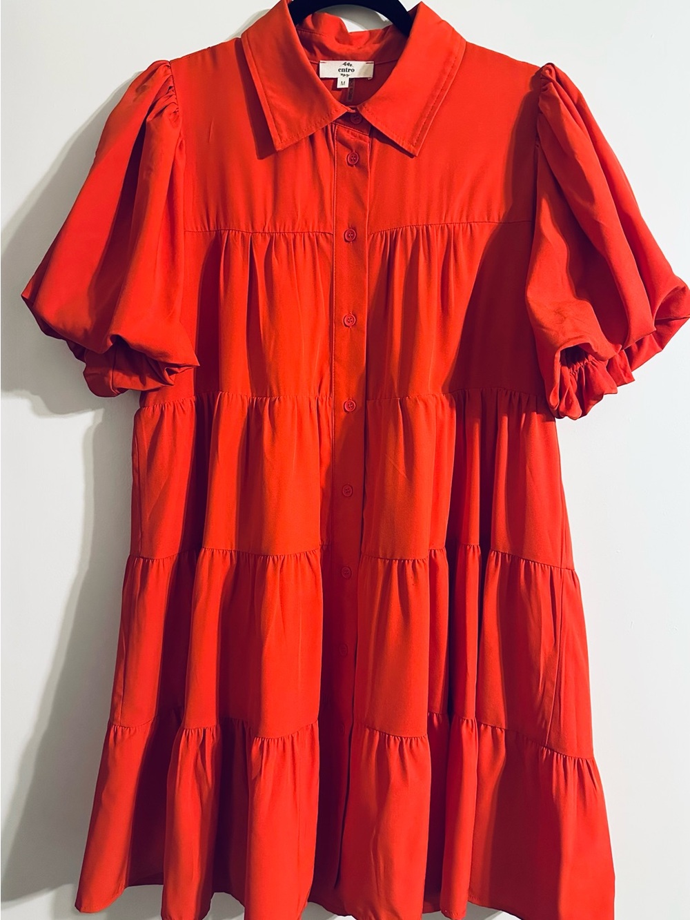 Entro Medium Red Tiered Puff-Sleeve Women’s Dress